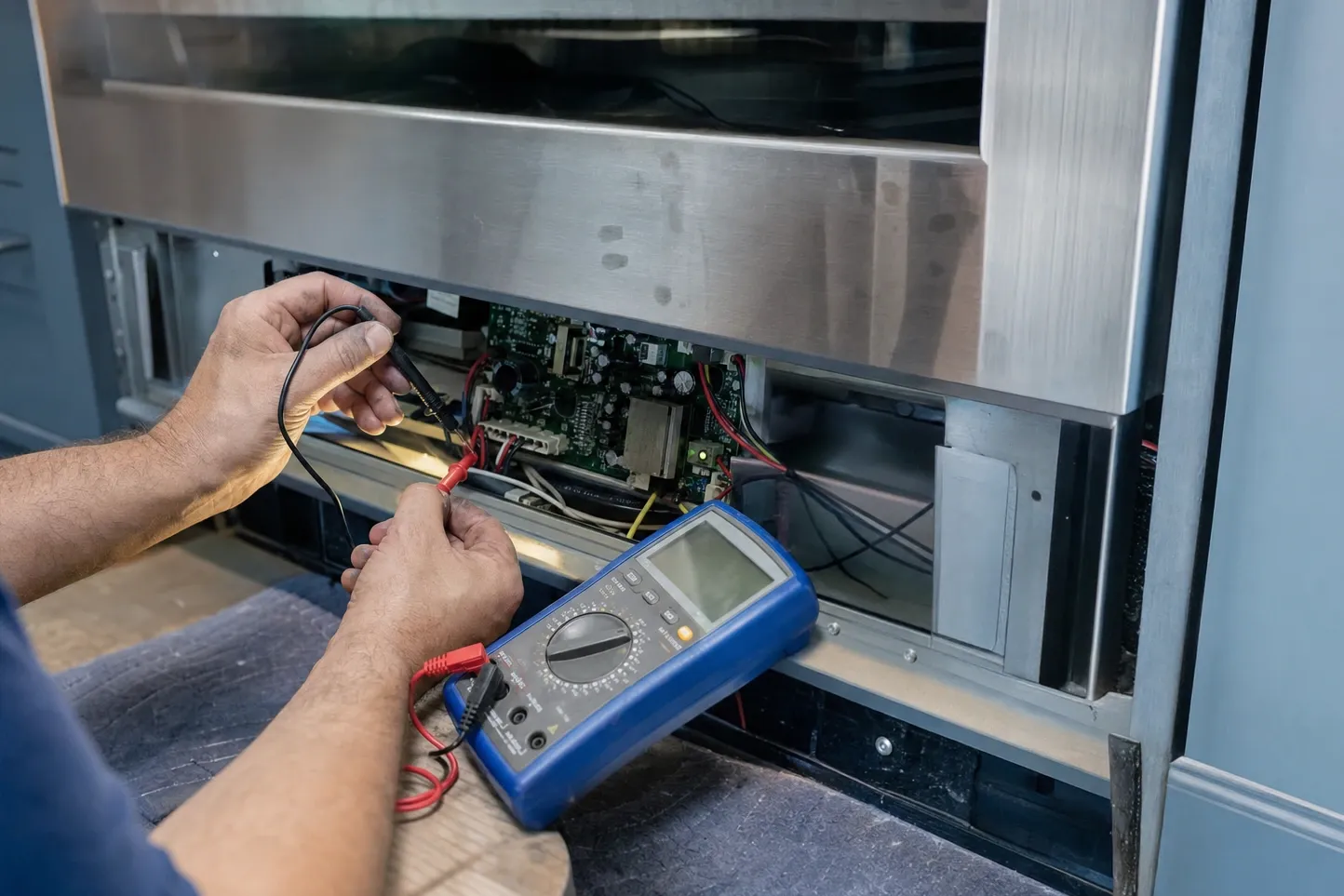 Multimeter probes held on an exposed control board behind the panel of a stainless built-in