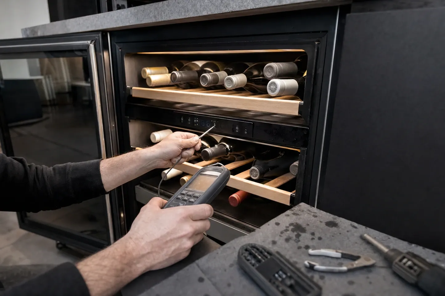 Digital thermometer held inside an open dual-zone wine cabinet, bottles on the racks, tools on the counter