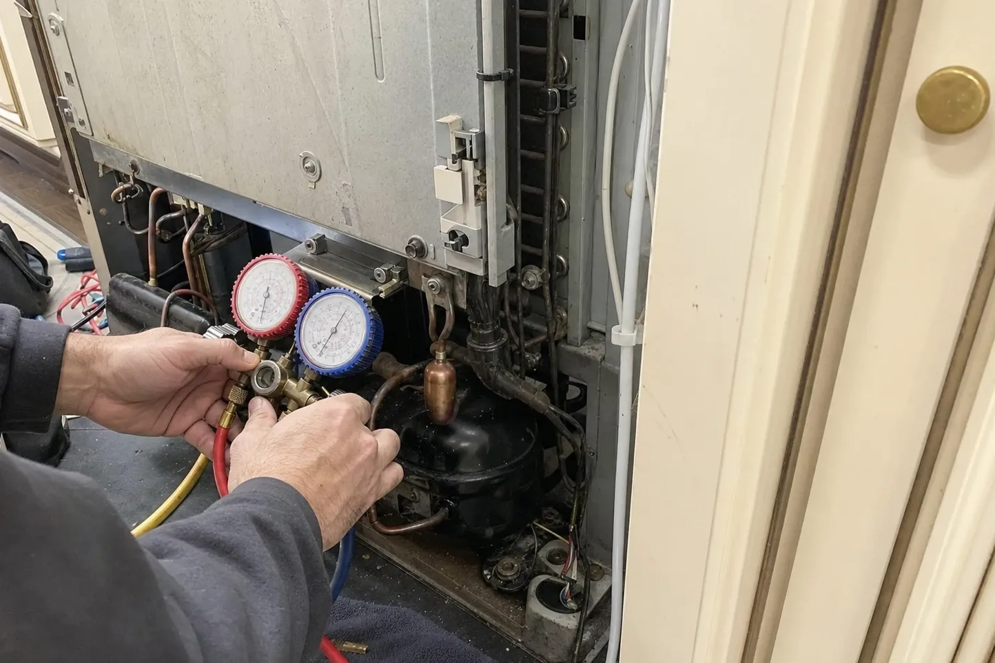 Manifold gauge set held at the rear machine bay of a unit drawn out of its cabinet run, compressor, filter drier and copper lines exposed