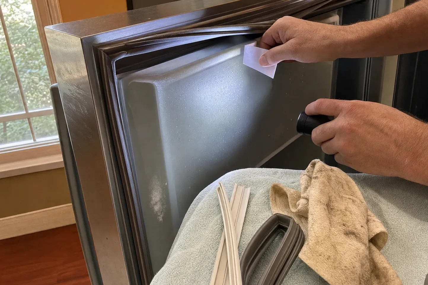 One hand drawing a slip of paper out from under the seal of an open stainless door while a torch lights the lip, the removed gasket and retainer strips on a towel below