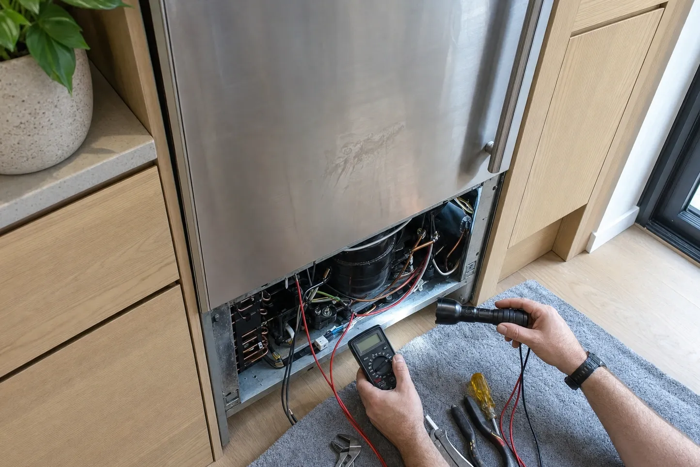 Stainless undercounter unit built into pale oak cabinetry with its lower grille off, hands holding a multimeter and a torch at the compressor and fan