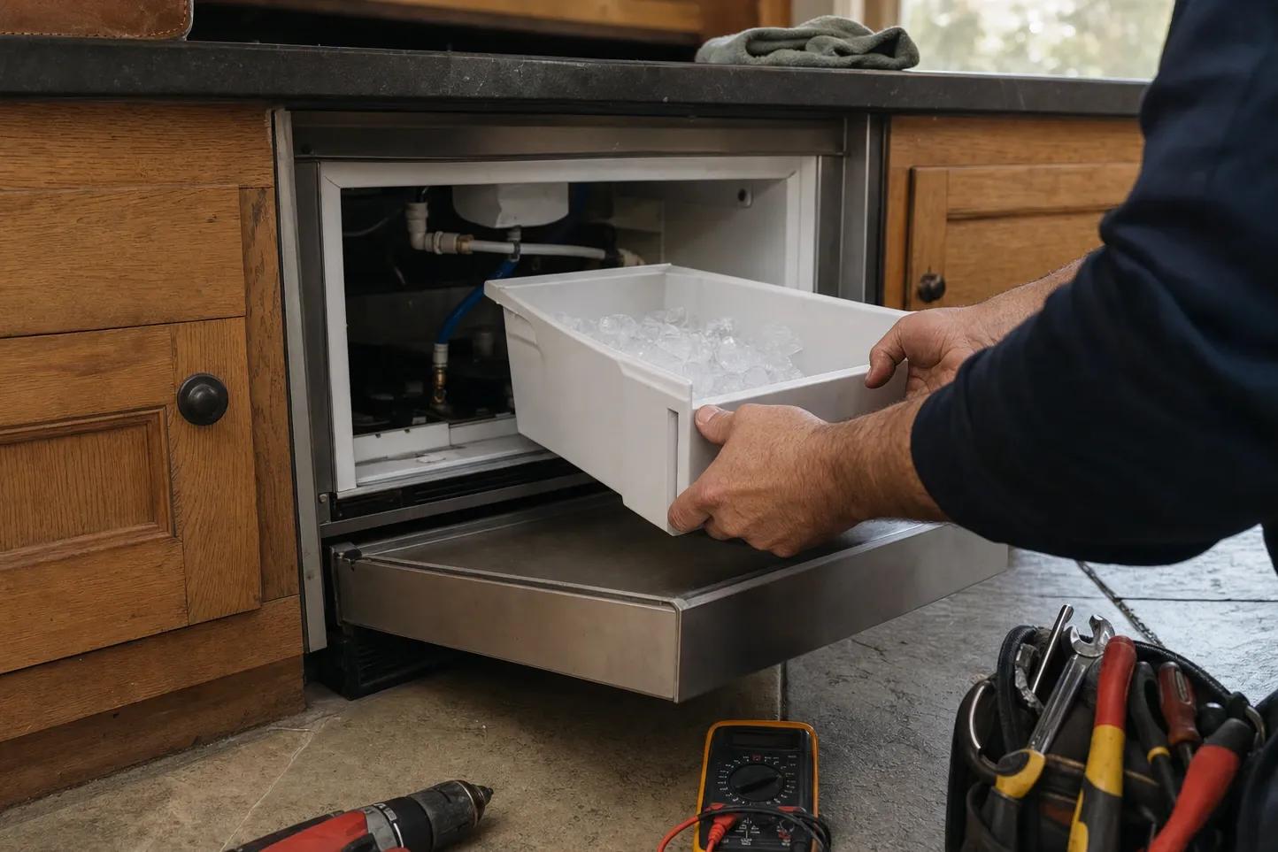 Hand lifting a white bin of clear cubes out of an undercounter ice machine in a dark oak cabinet run, supply tubing and fittings visible inside