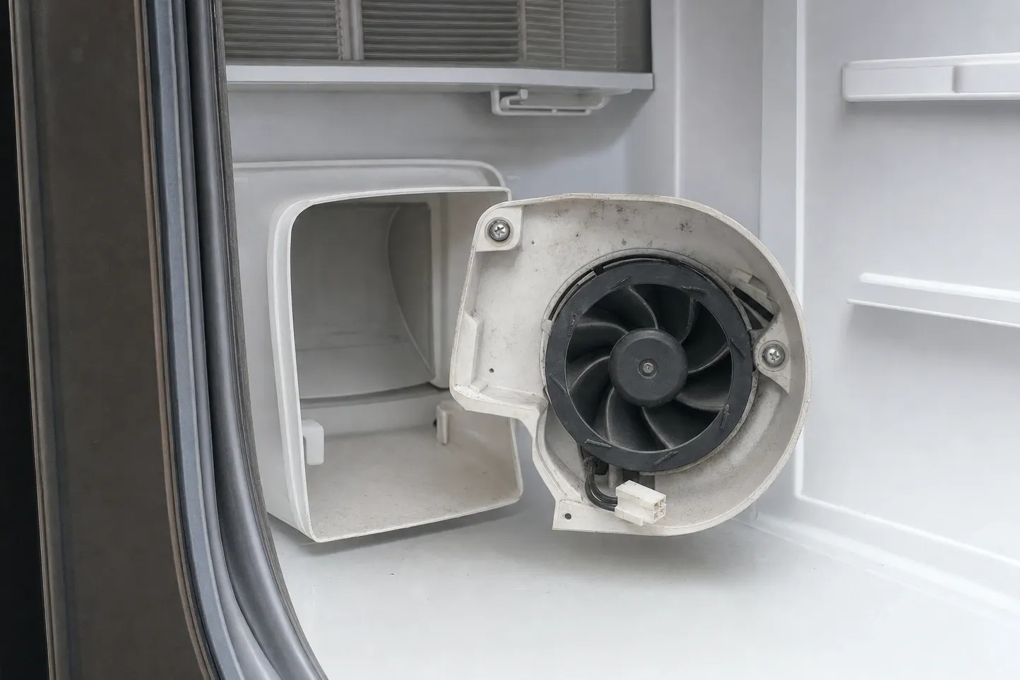 Interior air duct cover pulled aside inside a cold compartment, exposing a black-bladed circulation fan in its round white housing below a louvred grille