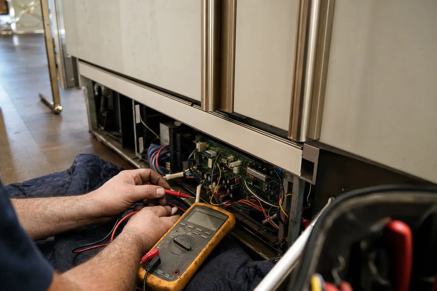 Grille removed below two tall panel-fronted doors, a wide green control board and its wiring loom running the width of the bay, a yellow multimeter in the hands below