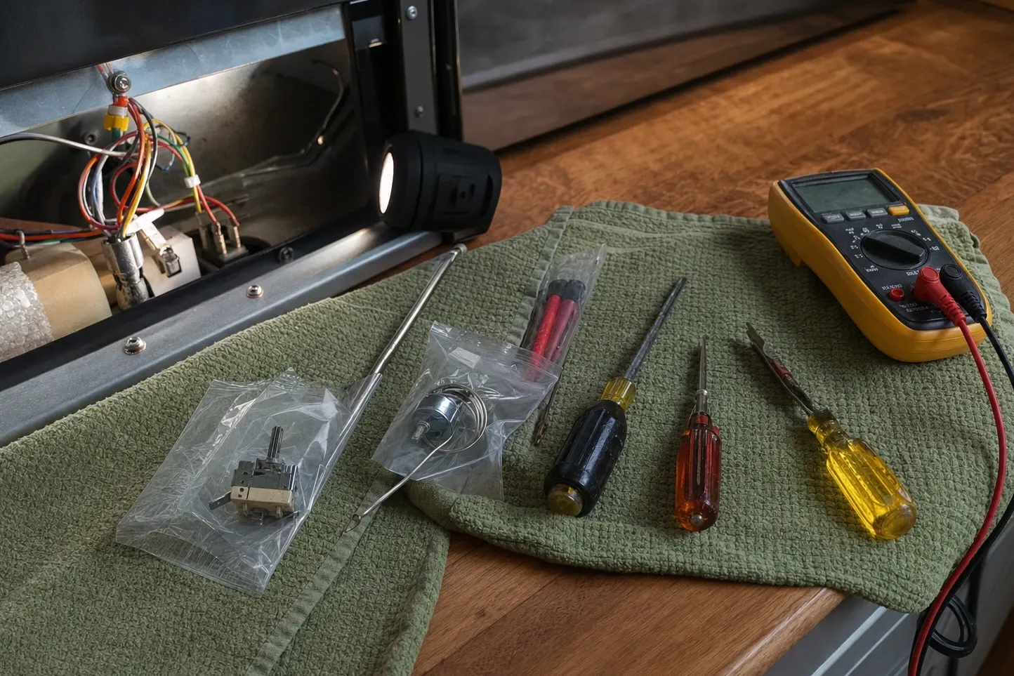 Bagged rotary switch and a bagged sensing disc with a long capillary tube laid on a towel with screwdrivers and a multimeter, a lit wiring bay beside them