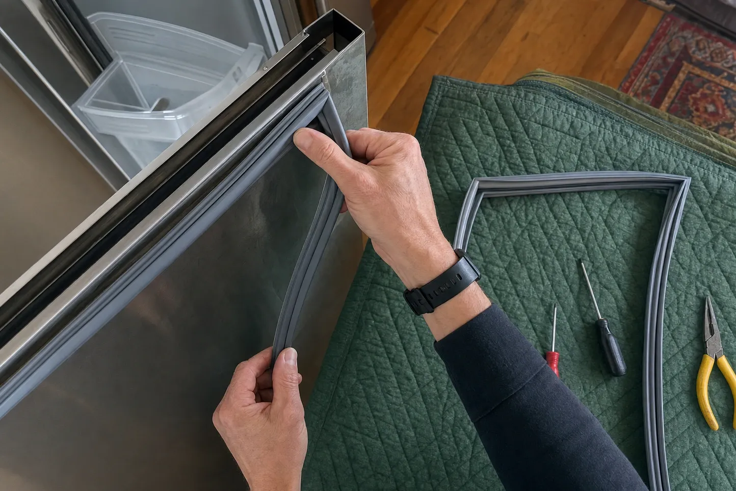 Two hands easing a grey gasket into the channel along the edge of a stainless door, the old gasket squared out on a quilted blanket with an awl and pliers