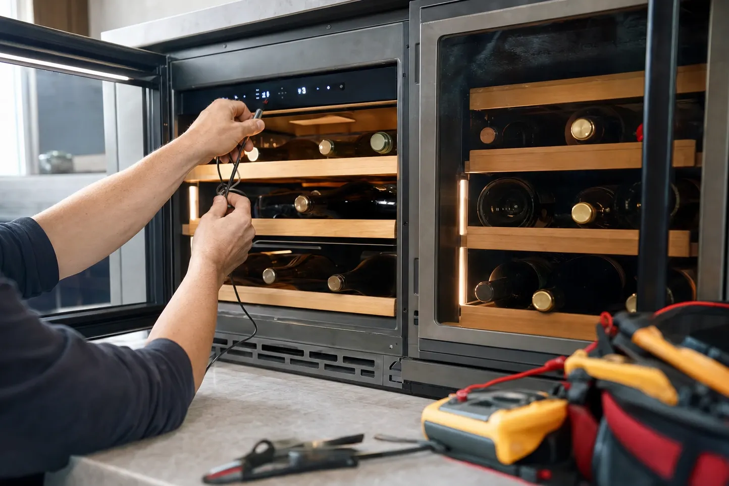Probe lead held up to the lit control strip of a two-door wine cabinet, one glass door open on wooden racks of bottles and a tool bag on the counter